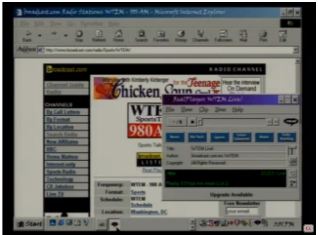 Screenshot: Web Radio circa 1999, showing Internet Explorer 6 and a RealPlayer application that the browser launched.