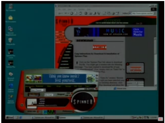 Screenshot: Web Radio circa 1999, showing Internet Explorer 6 and the Spinner radio program.